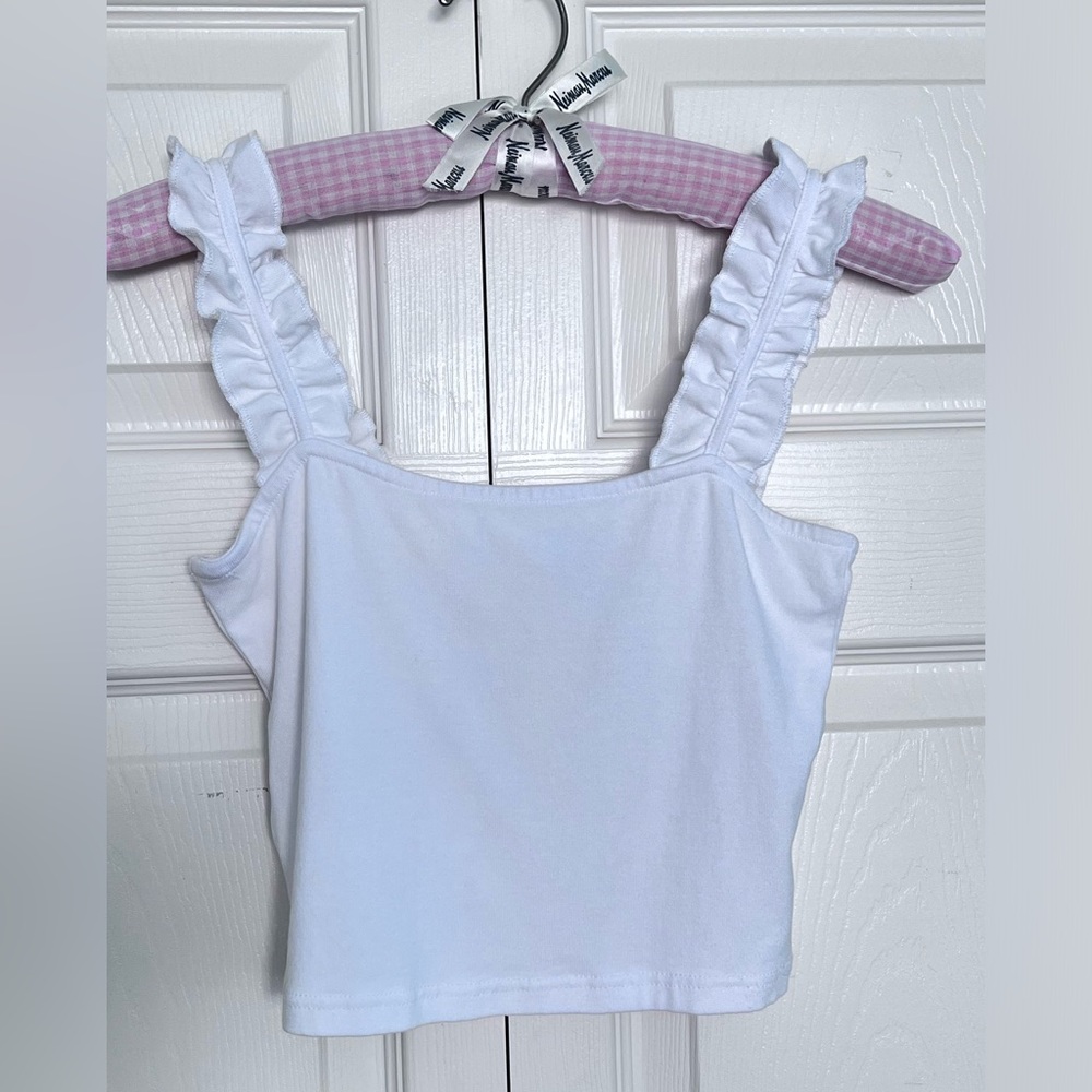 Clozoz White Ruffle Strap Square Neck Crop Knit Tank Top-Size S